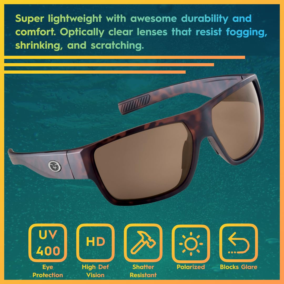Flying Fisherman Granders Polarized Square Sunglasses, Matte Tortoise Frame/Amber Lens, Large