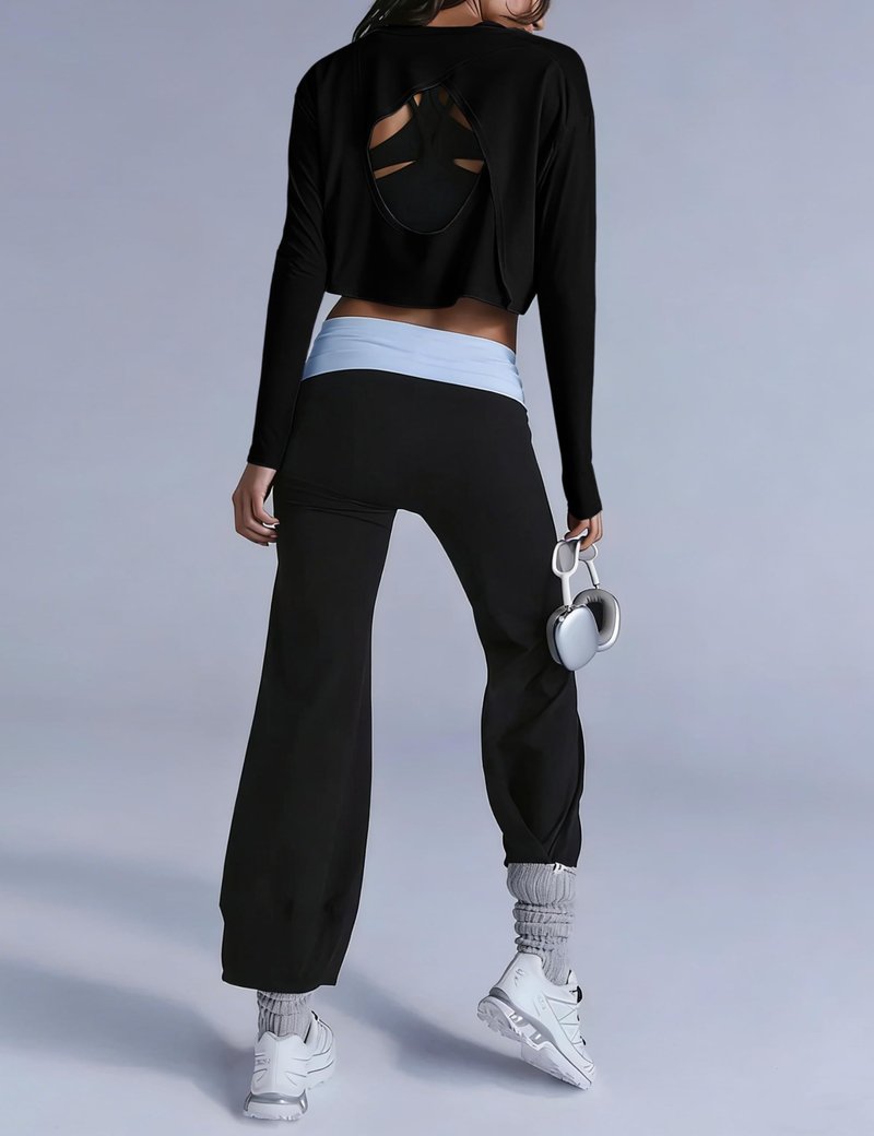 Lviefent Womens Open Back Workout Tops Long Sleeve Cropped Athletic Shirts Blouse Layer Gym Sportswear (Black-M)
