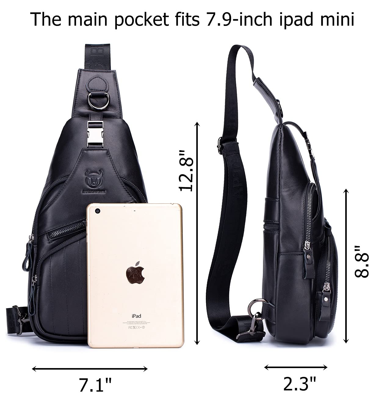 BULLCAPTAIN Men Sling Chest Bag Genuine Leather Casual Multipurpose Crossbody Shoulder Backpack Travel Hiking Daypack (Black)