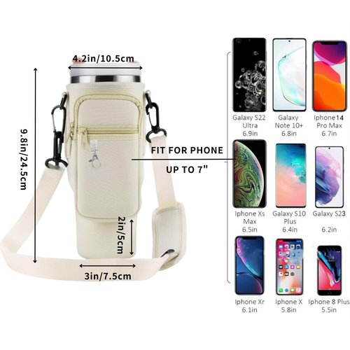 Water Bottle Carrier Bag with Phone Pocketfor Stanley 40/30 oz, Water Bottle Holder with Adjustable Shoulder Strap and Charm(White)