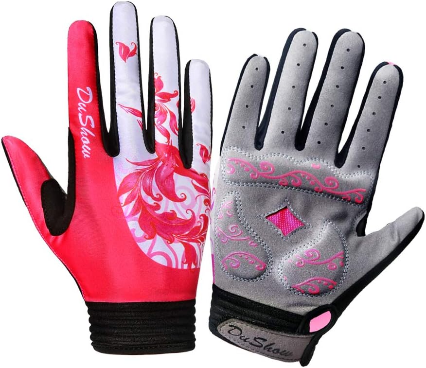 Pink Floral Cycling Gloves for Women | Full Finger Gel Padded Workout Gloves