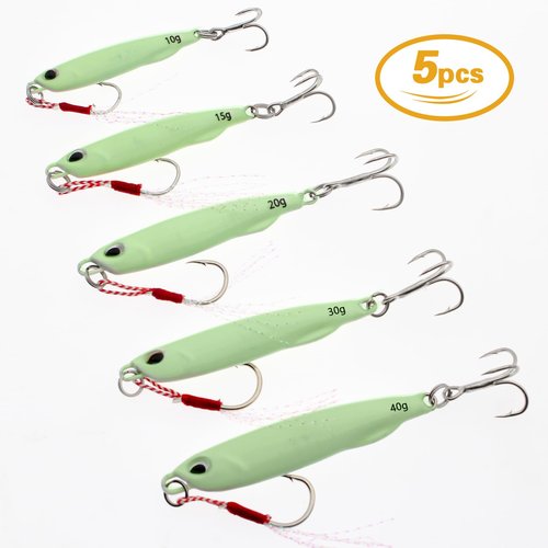 Luminous Fishing Jigs Spoons Lures, Metal Long Casting Jigging Spoon Lure Vertical Hard Swimbait for Walleye Bass Trout Freshwater & Saltwater (5pcs 0.35oz 0.53oz 0.7oz 1.06oz & 1.41oz)