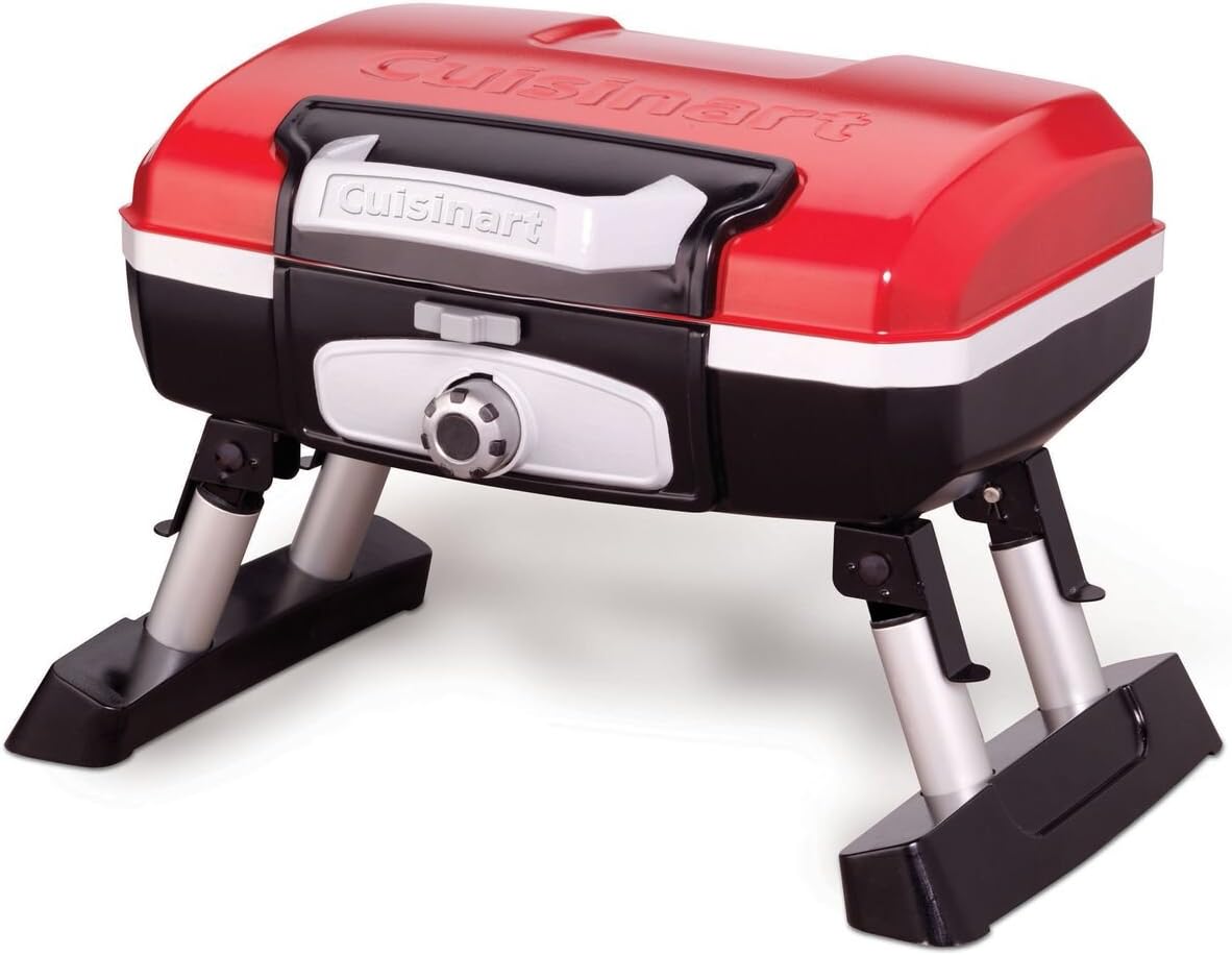 Cuisinart Petite Gourmet Portable Gas Grill, Compact Portable Grill Propane, 150 Sq. In. Cooking Surface, 5,500 BTU Burner Small Gas Grills for Camping, BBQ, Folding Legs and Carry Handles, Stainless