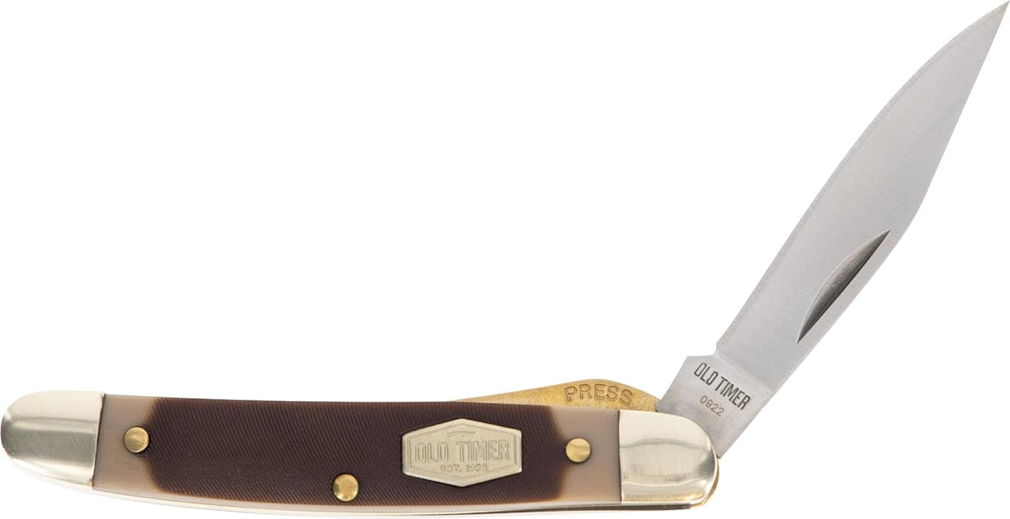 Old Timer 18OT Mighty Mite 4.7in Stainless Steel Traditional Folding Pocket Knife with 2in Clip Point Blade, Nickel Silver Bolsters, and Sawcut Handle for Whittling, Hunting, Camping, EDC, and Outdoor
