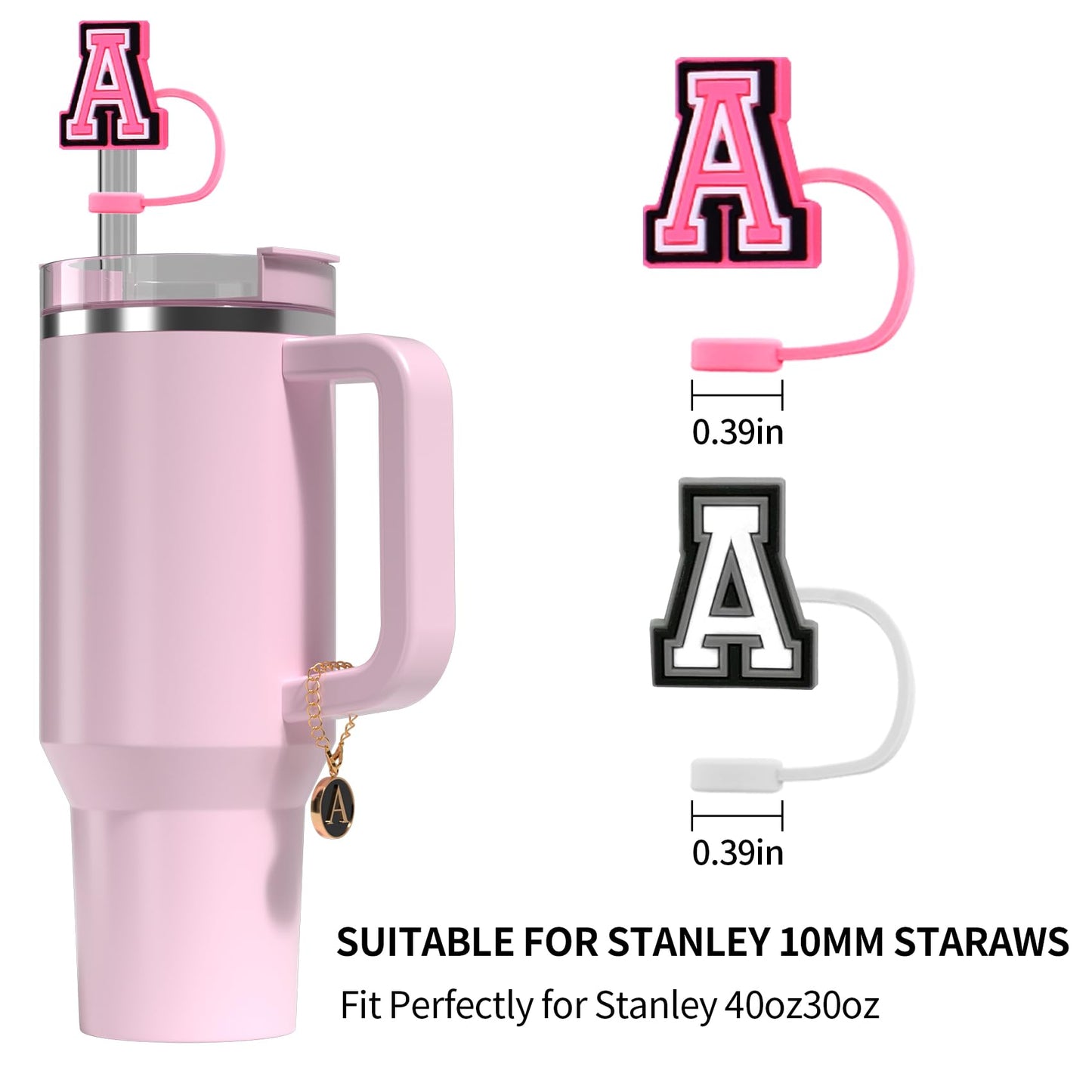 10 mm Straw Cover Cap for Stanley Cup 30 Oz 40 Oz Initial Straw Topper with 2 Pcs Letter Charm Name ID Accessories for Stanley Tumbler