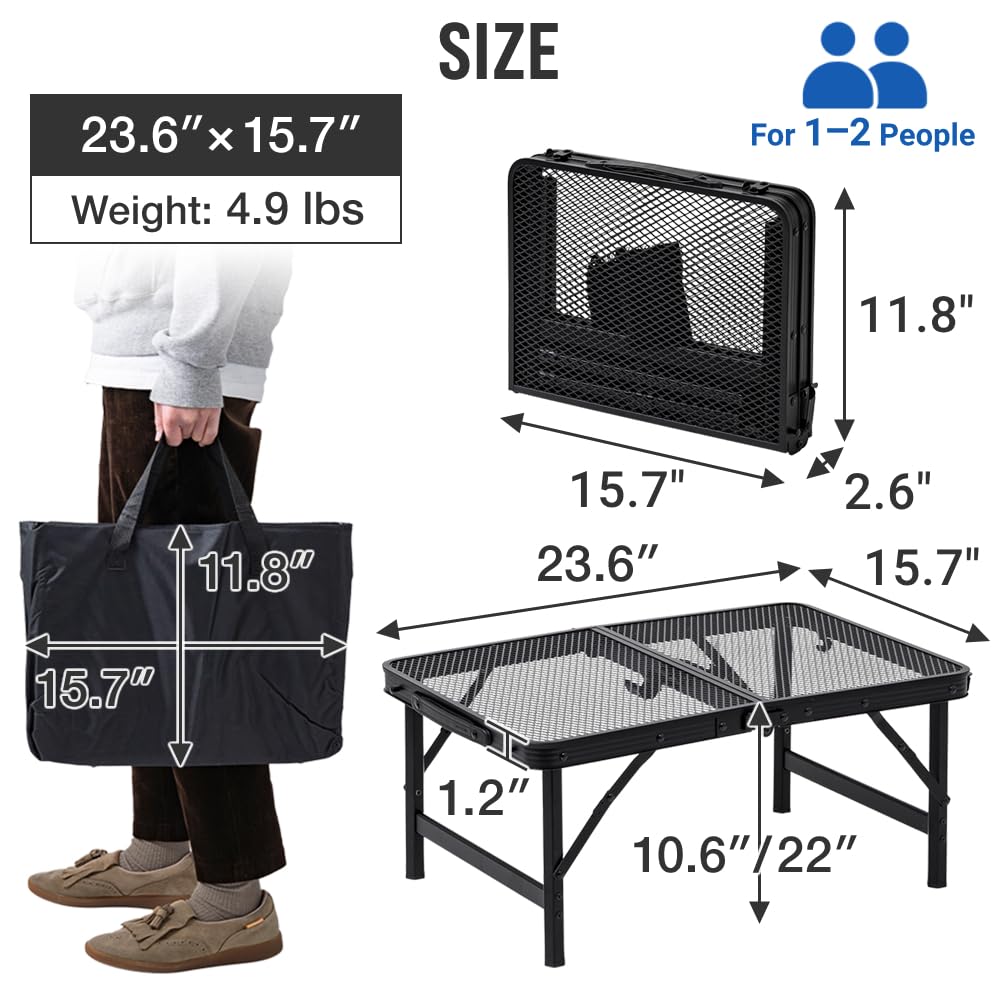 Japard Folding Grill Table, 2 x 1.3 FT Lightweight Height Adjustable Aluminum Table with Mesh Desktop and Mesh Bag for Outdoor Camping Picnic BBQ (Silver, small (23" x 15"))