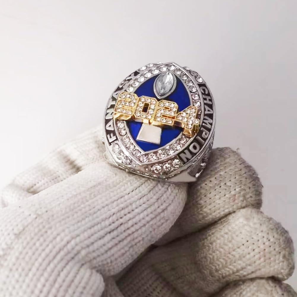 2024 Fantasy Football Championship Ring | Heavy FFL Champion Ring | Gold Silver Tone Plated Award Trophy for Fantasy Football League Winner (Ring and Stand Together, Size 10)