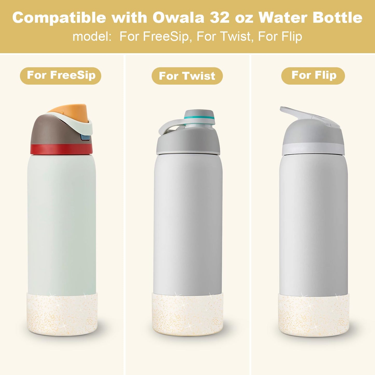 2 PCS Glitter Silicone Boot for Owala Water Bottle 32 oz, Anti-Slip Protective Sleeve for FreeSip/Twist/Flip Stainless Steel Water Bottles Accessories