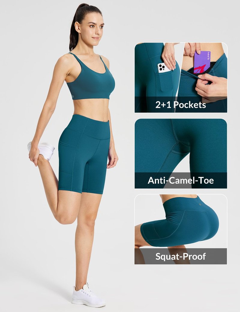baleaf Biker Shorts Women Yoga Gym Workout Spandex Running Volleyball Tummy Control Compression with Pockets 8" Blue XS