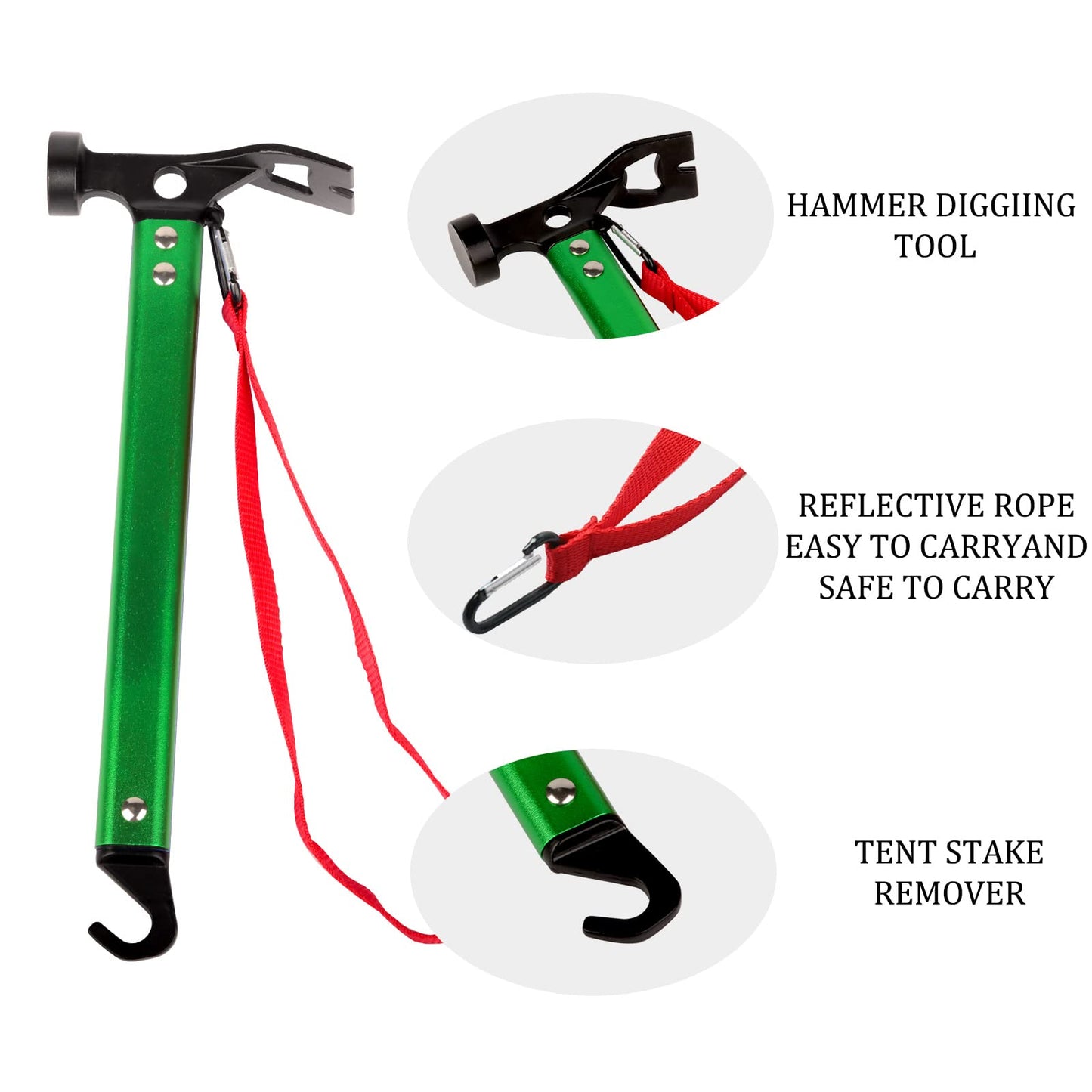 12'' 8pcs Tent Stakes and 12" Carbon Steel Aluminum Camping Hammer Green