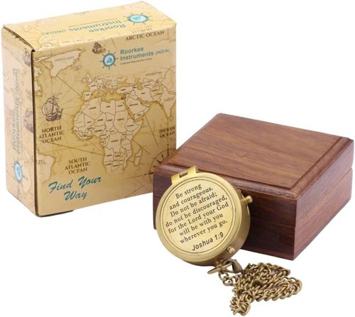 Be Strong And Courageous, Joshua 1:9, Solid Brass Directional Engraved Compass - Baptism, First Communion, Confirmation Gift for Boys, Girls, Men - Christian Catholic