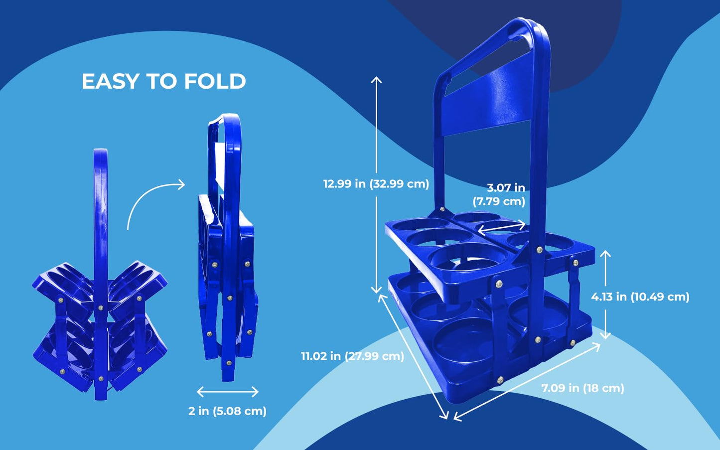 6 Drink Carrier with Handle – Lightweight Cup Caddy for Work, Travel and to-Go Drinks – Collapsible Design (2 Pack, Blue)