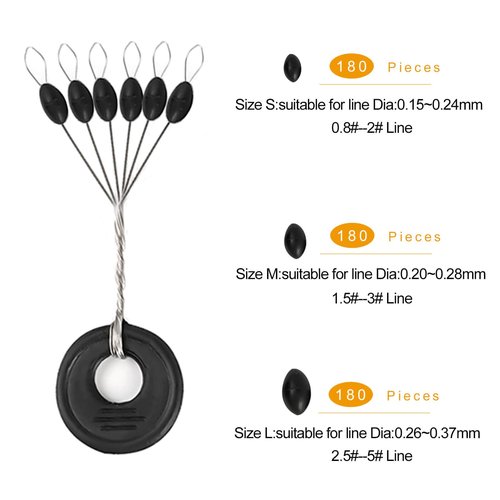 Lavie&Camus 1080PCS Fishing Bobber Stoppers, Oval and Column Floats Sinker Stops, Black Rubber 6 in 1 Bobber Stops, L M S Size Float Stop