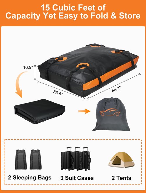 OGASAMI Soft 15 Cubic Feet Car Roof Luggage Bag Rooftop Cargo Carrier Waterproof for All Cars with/Without Racks Include Anti-Slip Mat