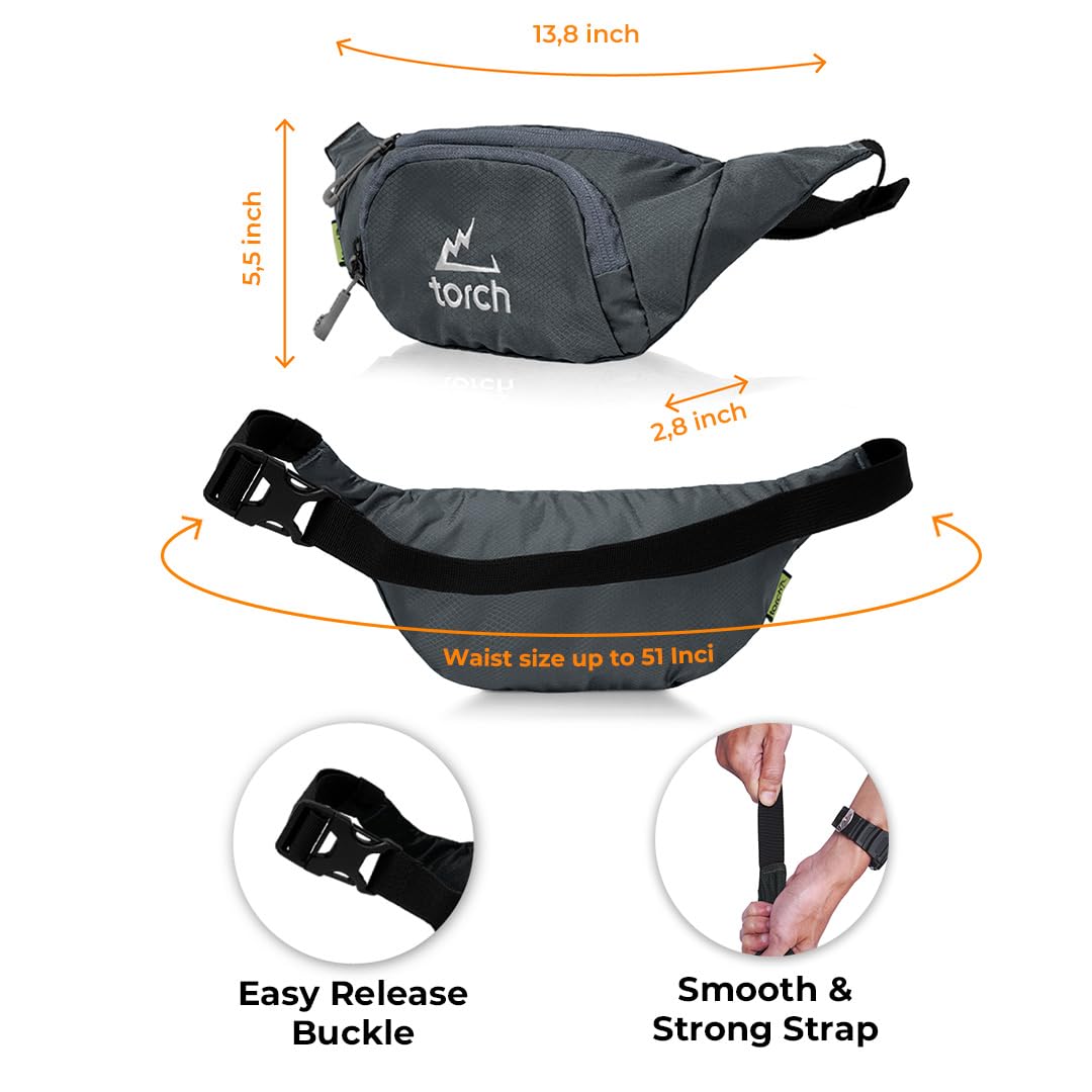 TORCH Belt Bag for Men - Fanny Pack Men Women with Compass Survival, Small Lightweight Hip Pack for Gym, Running, Hiking, Biking, Dog Walking - Vallejo (Grey)