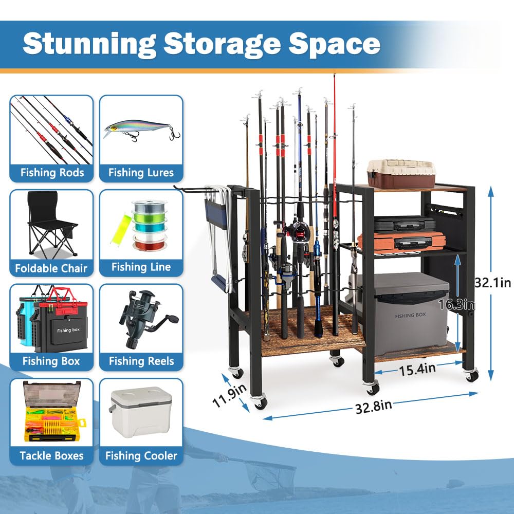 3-Tier Fishing Rod Holder, Garage Fishing Rod Rack, Fishing Rod Organizer for 12 Rods, Space Saving Fishing Pole Storage System for Garage Boat RV Basement, with Wheels Hooks and Storage Bag