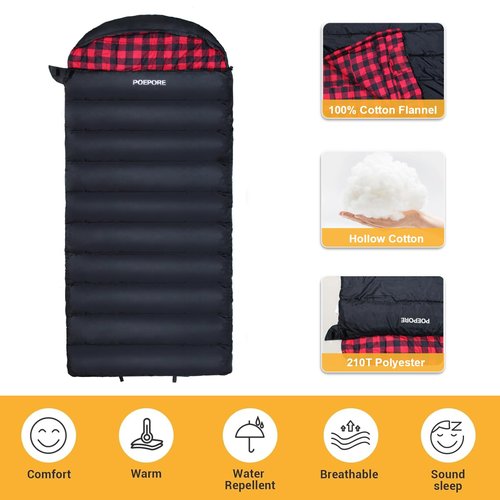 POEPORE 0 Degree Sleeping Bag 100% Cotton Flannel XXL Cold Weather Winter Oversized Sleeping Bag for Adults Camping Zero Degree Big and Tall with Compression Sack