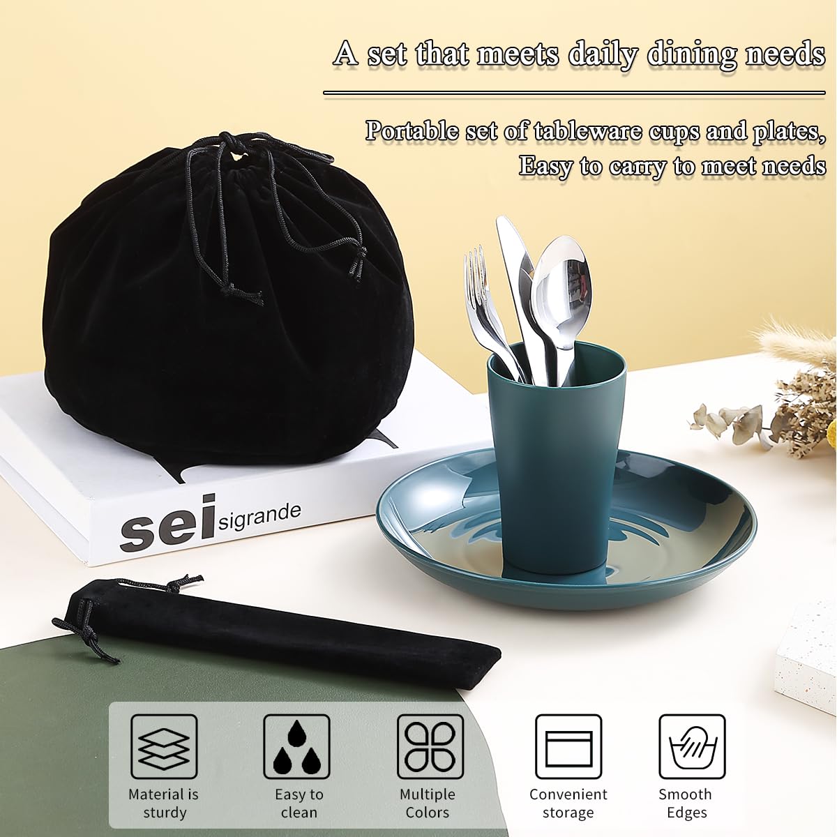 Evanda Camping Cutlery Set 5 Piece, Reusable Light Weight Mug, Plate and Stainless Steel Cutlery Set with Black Bag, for Camping 1 Person, Dishwasher Safe
