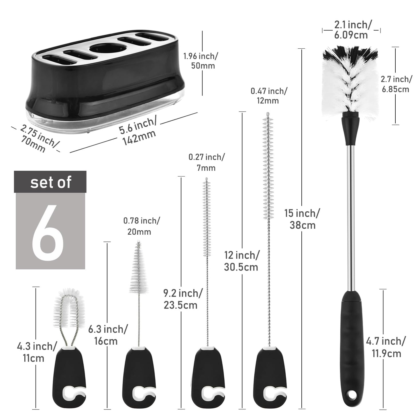 ALINK 5 Pack Water Bottle Brush Cleaning Set with Holder, Bottle Cleaner with Stand, Straw Nipple Lid Brush for Stanley 40OZ/30OZ Tumblers, Drinking Glass, Baby Bottles, Jugs - Black