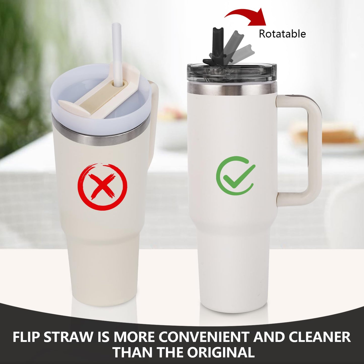 2PC Replacement Leak Proof Tumbler FLIP Lid With Straw - Fit For Stanley ProTour Quencher and Quencher H2.0 40oz,64oz Tumbler (2Black, 40oz and 64oz)