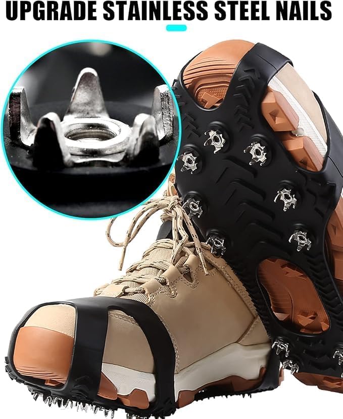 11 Spikes Crampons, Upgraded Stainless Steel Anti-Slip,Traction Ice Cleats Grips for Hiking Shoes and Boots, Hiking Fishing Walking Mountaineering Snow Ground,Black,XL