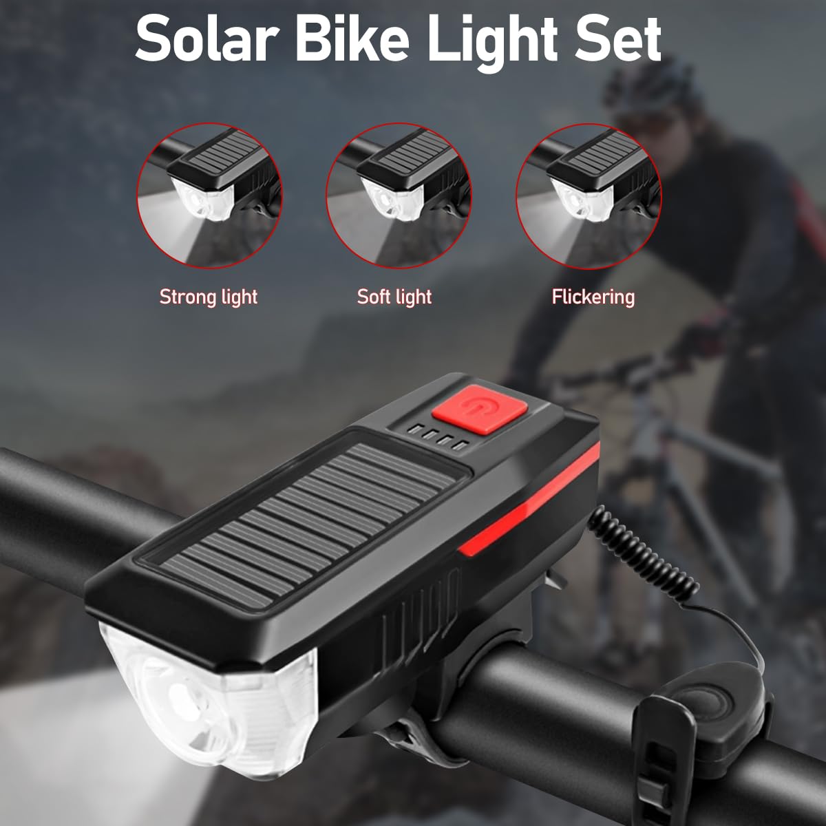 LEDHOLYT Rechargeable Solar Bike Lights, Night Ultra Bright Bicycle Lights Headlight and Back Taillight with Electric Bell, Easy to Install Waterproof, Road and Mountain LED Bike Lights