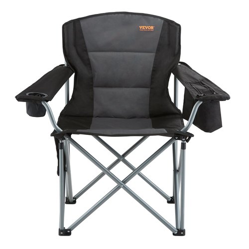 VEVOR Camping Folding Chair, Portable Heavy Duty Outdoor Quad Lumbar Back Padded with Side Pockets, Cup Holder and Cooler Bag for Beach, Lawn, Picnic, Fishing, Backpacking, Black