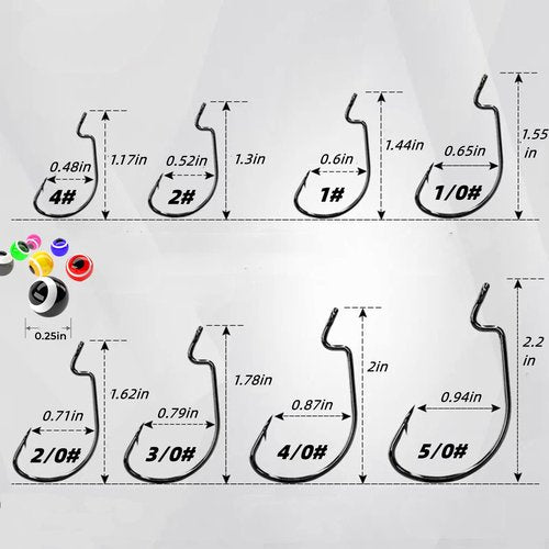 DAMIDEL 220Pcs/Box 2X Strong High Carbon Steel Worm Fishing Hook,8 Sizes Mixed(5/0,4/0,3/0 2#,4#), Senko Soft Bait Fish Hook Set for Bass,Barded Design,25 Pcs Eye Beads Bait
