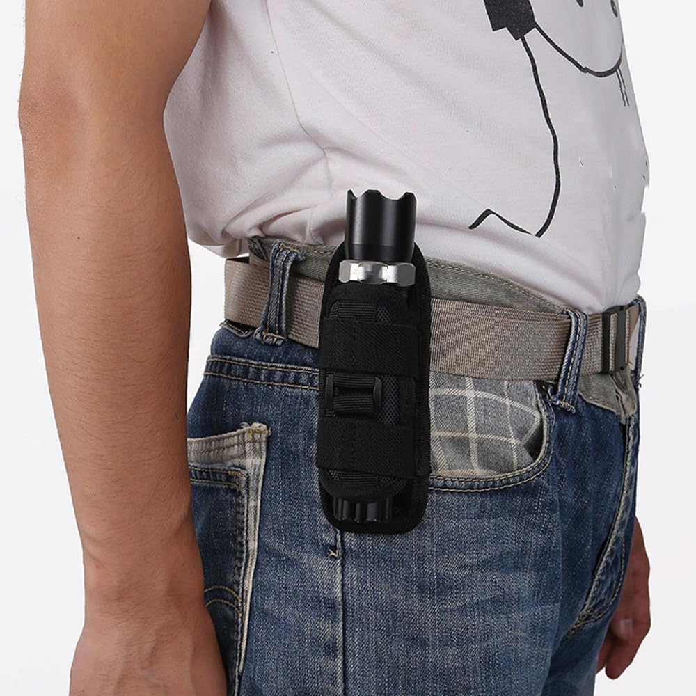Tactical Flashlight Pouch Holster, Rotatable Flashlight Holder Belt Clip Tactical Torch Carry Case with 360 Degree Carabiner Reel Clip