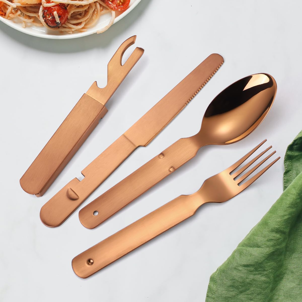 AARAINBOW Stainless Steel Portable Outdoor Flatware Set, 4 in 1 Camping Cutlery Set Travel Utensils Set with Spoon Fork Knife and Bottle Can Opener Detachable Reusable Picnic Silverware (Rose golden)