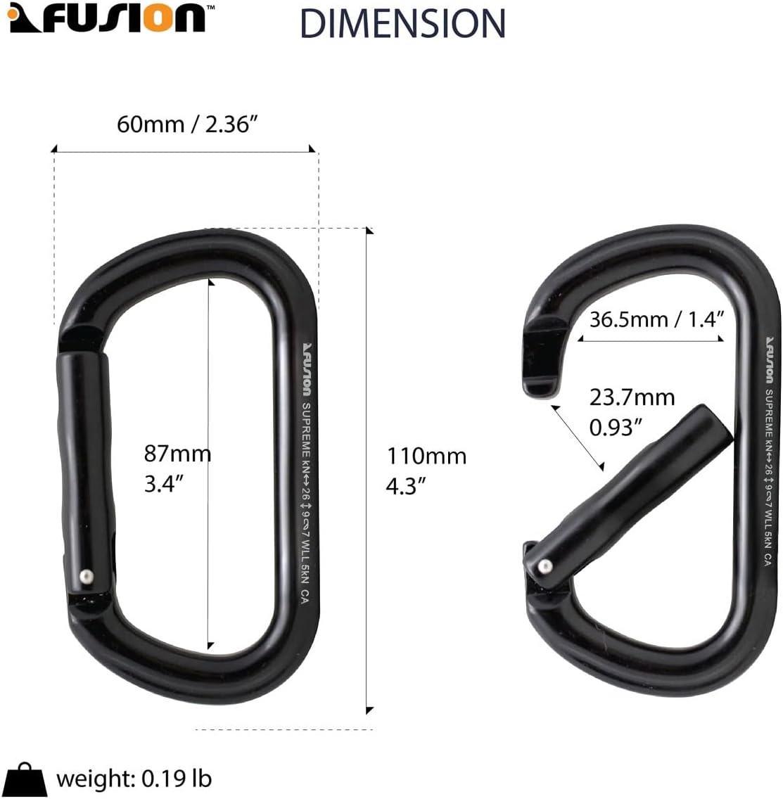 Straight Gate Carabiner - Black, Supreme Oval-Shaped (FP-9318-3-STK-BLK)