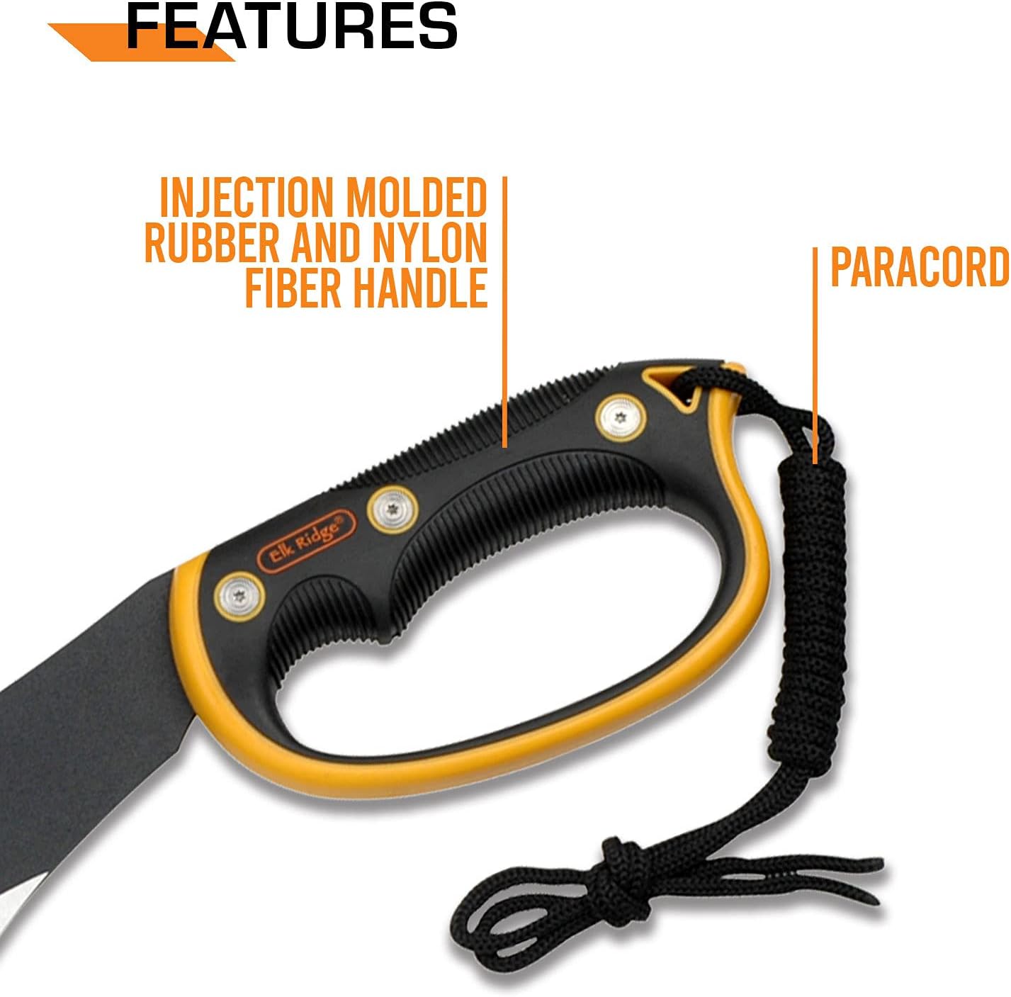 Elk Ridge - Outdoors Fixed Blade Machete - 20.5-in Overall, Black Stainless Steel Blade, Orange and Black Injection Molded Handle with Lanyard, Nylon Sheath, Camping, Hunting, Survival - ER-280, One Size