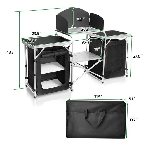 CampLand Folding Cooking Table Outdoor Portable Cook Station Aluminum Camping Kitchen with Storage Organizer, Windscreen, Hooks for BBQ, Party (Black2cabinet)