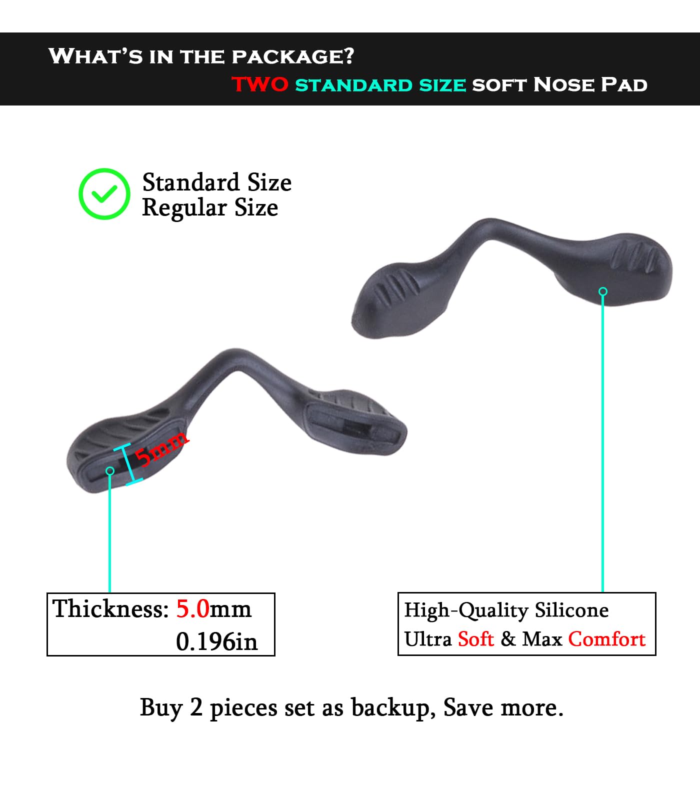 2 Pcs Replacement Nose Piece Nose Pads for Oakley Radar EV Path/Radar Path/RadarLock Path/Radar Pace OJ9001 OO9182 OO9183 OO9184 OO9208 OO9211 OO9333 Sunglasses Frame, Black Standard Fit