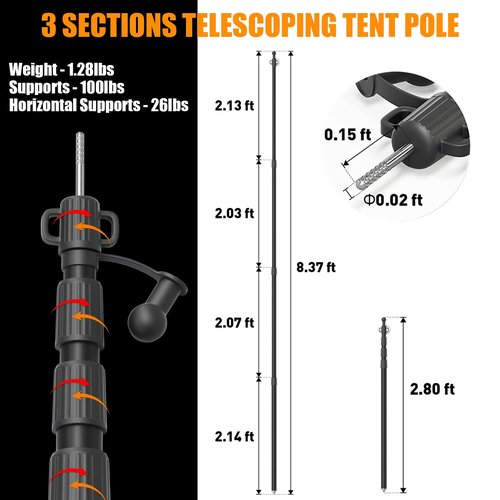 WILDROAD Tarp Poles Tent Poles Canopy Poles 8.37 ft, Telescoping Aluminum Poles with Non-Slip Aluminum Cone Bottom, Portable and Lightweight Camping Gear for Camping and Awnings, Set of 4