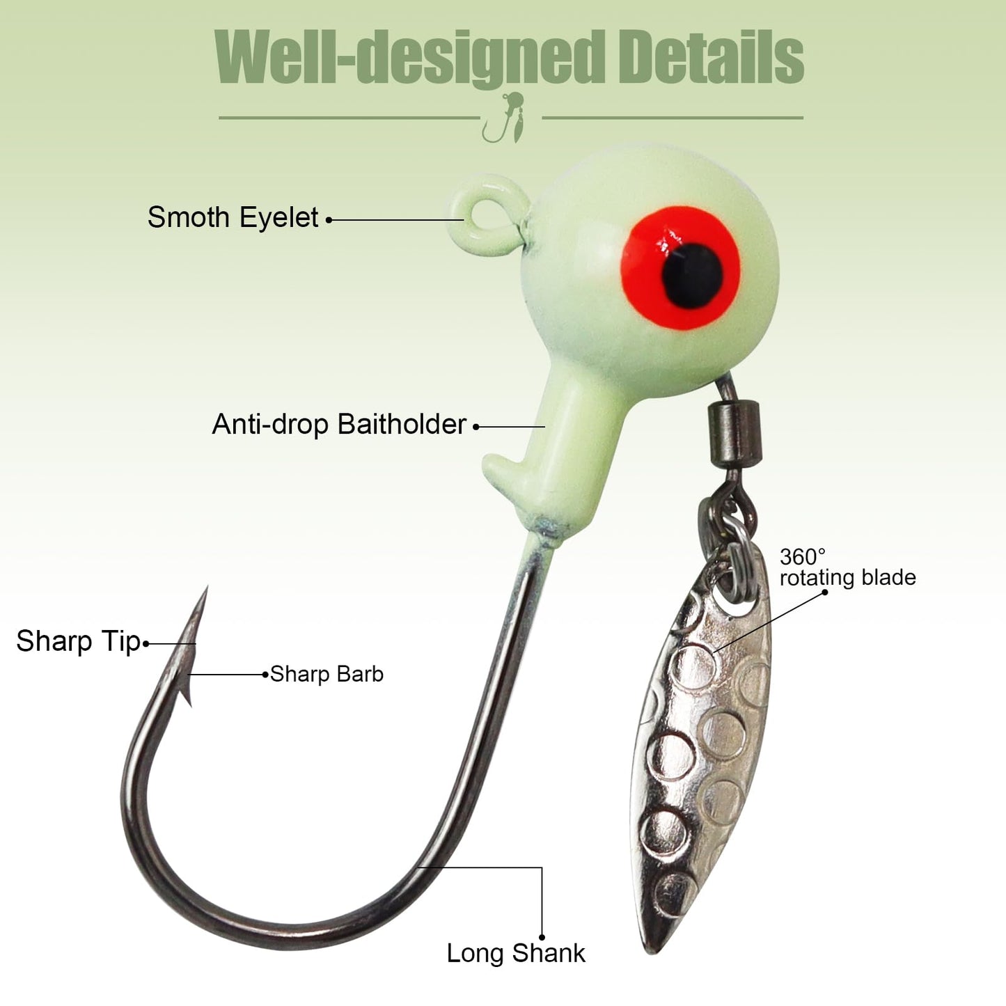 MAFIMOEA 20/30Pcs Underspin Jig Heads with Spinner Fishing Jig Heads Hooks Set Crappie Jigs Fishing Jig Hooks Assortment Saltwater Freshwater Bass Crappie Trout Glow in The Dark