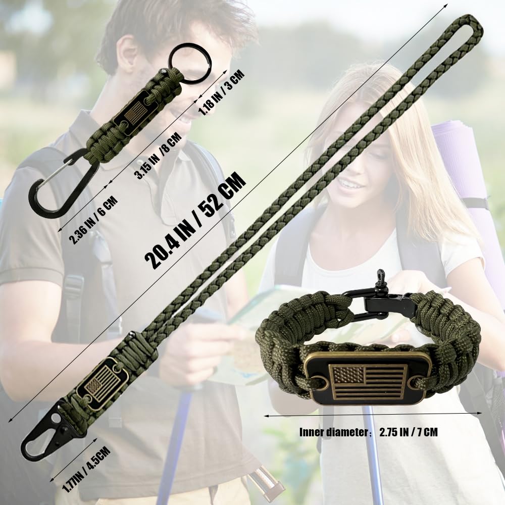 DIHAIMI Heavy Duty Paracord Set - Lanyard Necklace, Carabiner Keychain, and Tactical Survival Bracelet for Men and Woman with Bronze USA Flag(Army Green)