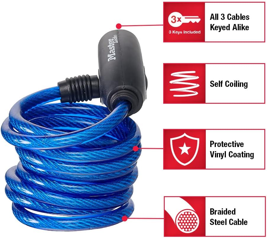 Master Lock Bike Lock Cables with Key, Blue, Green, and Red 3-Pack of Keyed-Alike Bicycle Cable Locks, 6 ft. Long, 8127TRI