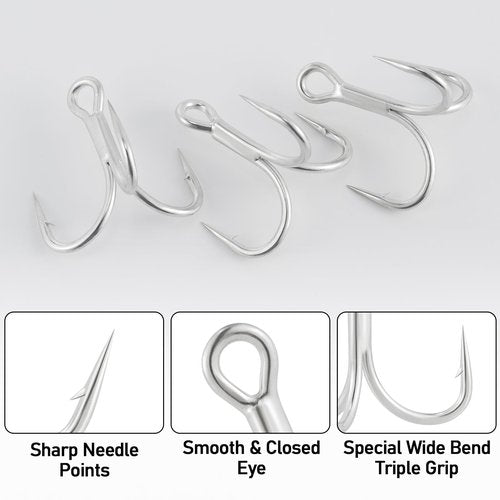 Dr.Fish 30 Pack 4X O'Shaughnessy Treble Hooks in-line Triple Hooks Saltwater & Frshwater Replacement Catfish Bass Striper #4