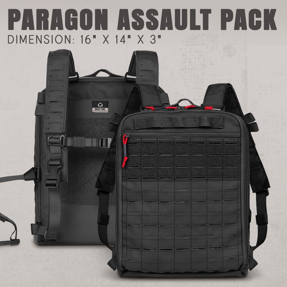 ACETAC PARAGON Assault Pack, Tactical Hook and Loop Laser Cut Nylon M9 Trauma Medical Supplies Deattachable Organizer Pouches and Removable Panel (Black)
