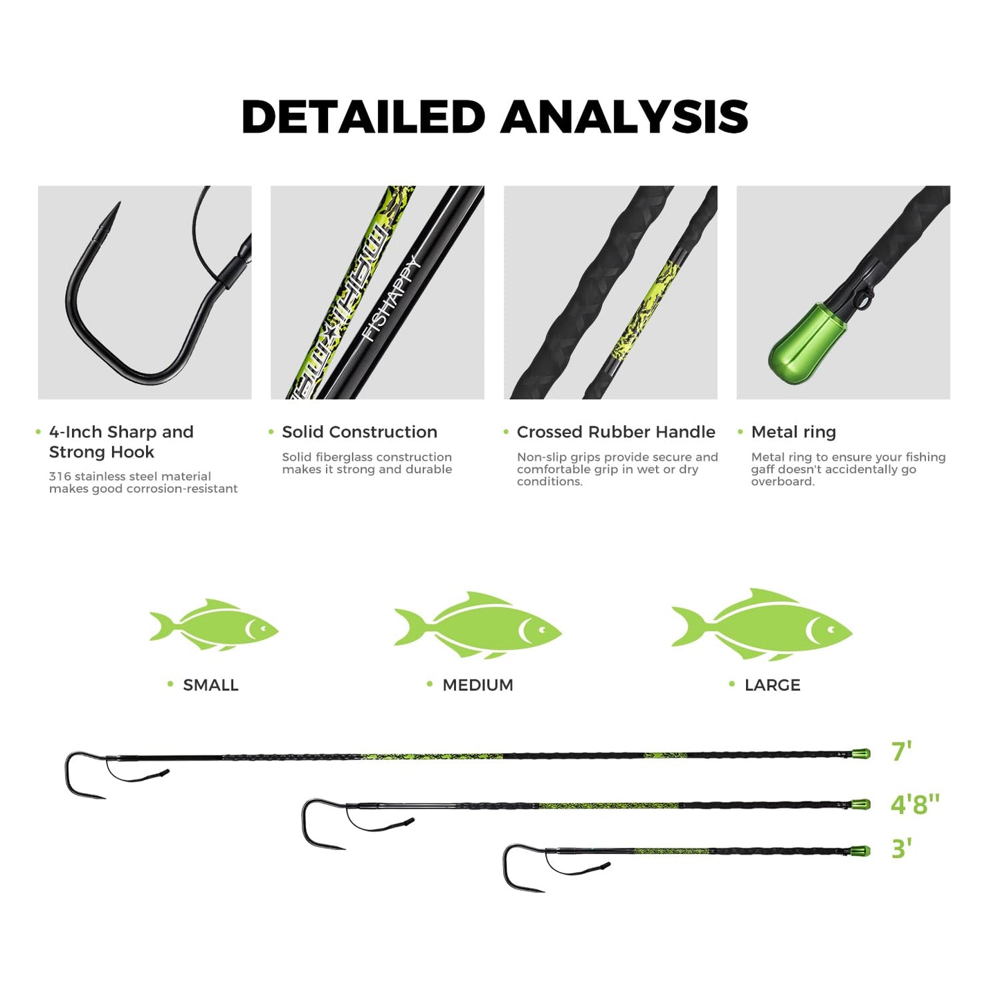 FISHAPPY Fishing Gaff Saltwater Fish Gaff with 4-Inch Stainless Steel Fishing Hook Solid Fiberglass Fishing Gaff 3'/ 4'8''/ 7' (4-Feet 8-Inch)