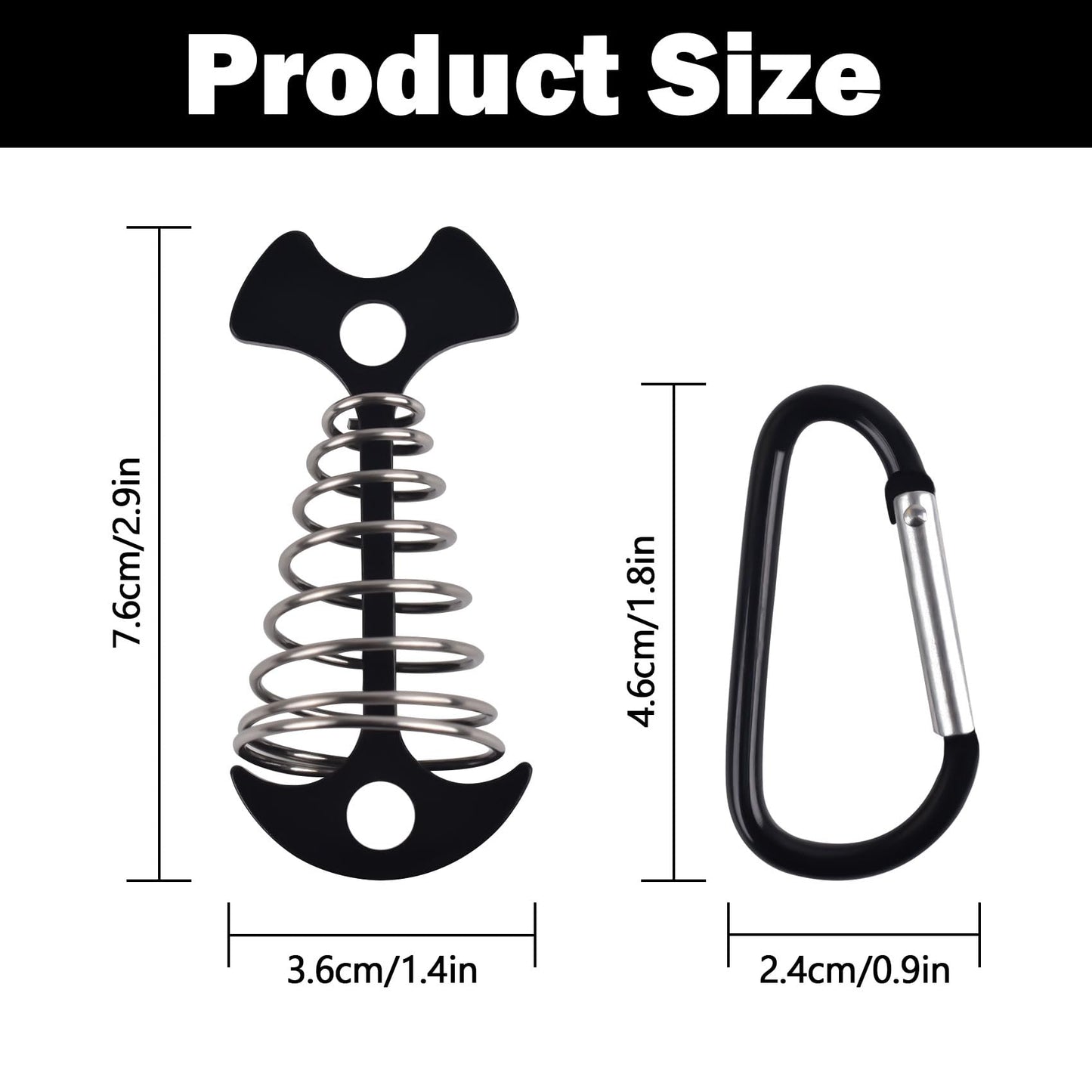 Deck Anchor Pegs with Carabiner Clip 10PCS, Fishbone Tent Pegs Camping Accessories, Windproof Deck Anchors with Spring Buckle for Outdoor Camping, Outdoor Gallery Road (Black)