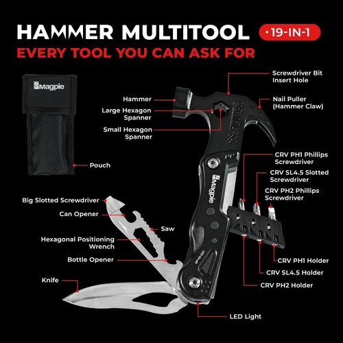 Magpie Hammer Multitool, 19 in 1 Essential Heavy-Duty Multipurpose Tool, Camping Accessories Survival Gear, Birthday Gift for Him Men Husband Son