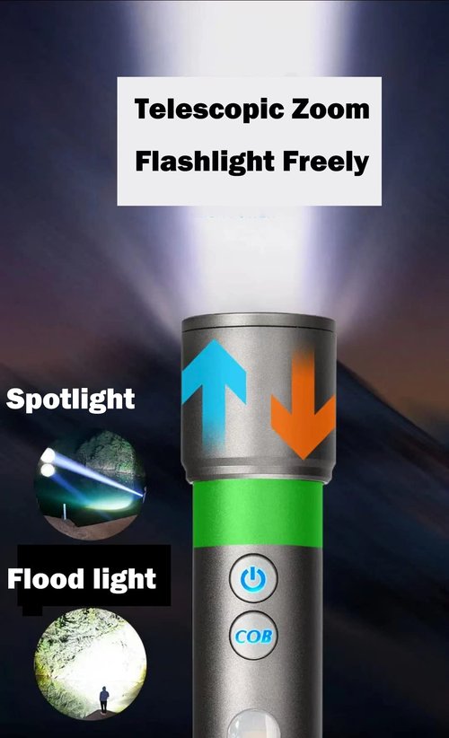 poyoelf Zoomable Led Flashlight with COB Sidelight with Hook,Rechargeable EDC Small Lantern Flashlight,Waterproof,Tactical Portable Handheld Torch for Camping,Hiking,Emergency,Home Use(Black)