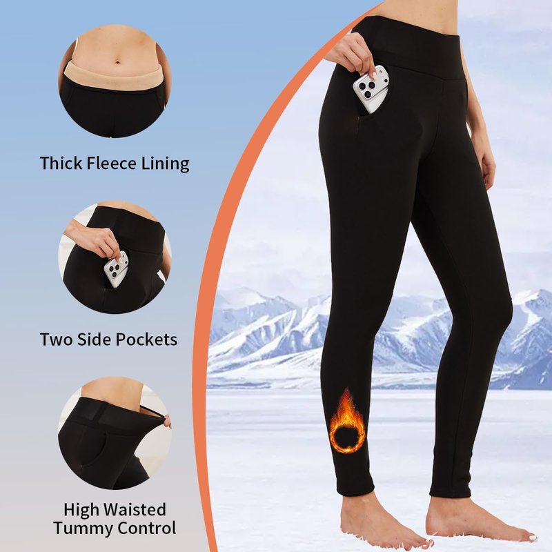 Mincib Women's Fleece Lined Leggings Thermal Warm Winter Leggings High Waisted Tummy Control Jogger Yoga Pants with Pockets(Navy,XL)