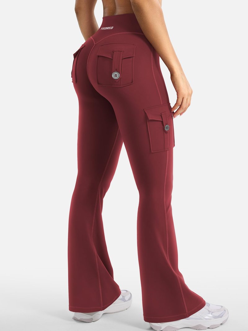 YEOREO CoreFlex Women Workout Flare Leggings with Pockets Hidden Scrunch High Waisted Cargo Gym Yoga No Front Seam Leggings Anchor Red S