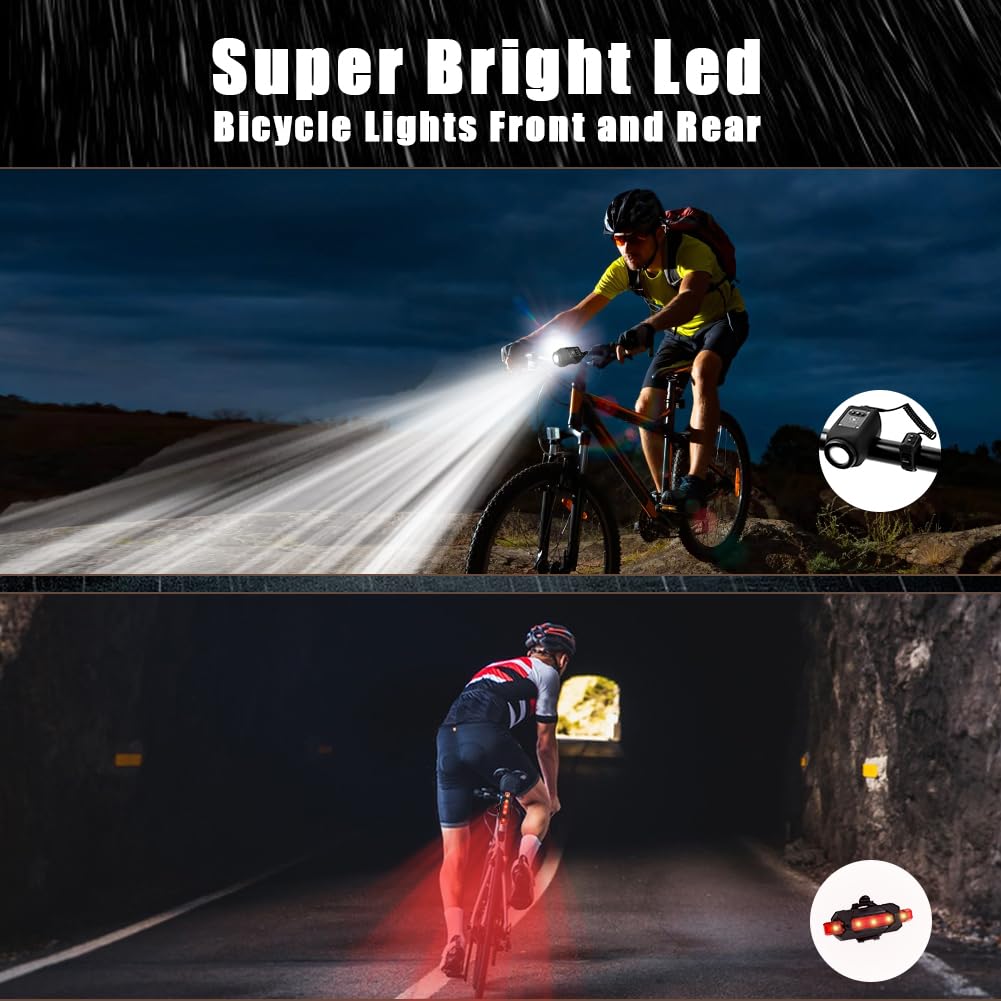 Abnaok Bike Light with Horn,USB Rechargeable Bike Light Set 120dB Powerful Bicycle Front Headlight and Back Taillight, 4 Light Modes, 6 Sound Modes,Easy to Install for Road Mountain Cycling