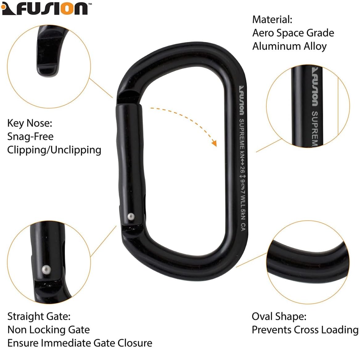 Straight Gate Carabiner - Black, Supreme Oval-Shaped (FP-9318-3-STK-BLK)