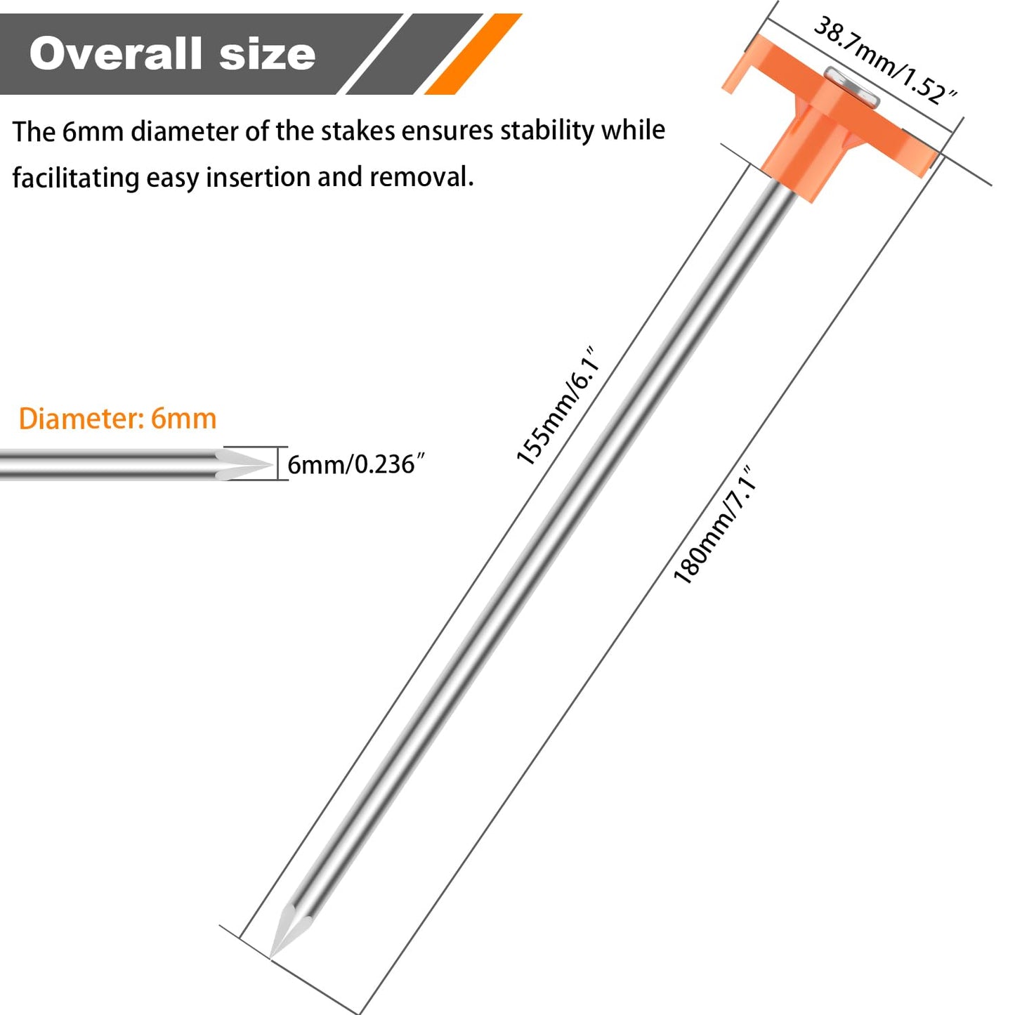 TEOYNGU 10PCS Tent Stakes Heavy Duty Camping Tent Stakes 7Inch Non-Rust Metal Tent Pegs with 10pcs Rubber Protective Sleeve (Orange)