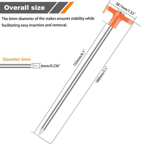 TEOYNGU 10PCS Tent Stakes Heavy Duty Camping Tent Stakes 7Inch Non-Rust Metal Tent Pegs with 10pcs Rubber Protective Sleeve (Orange)
